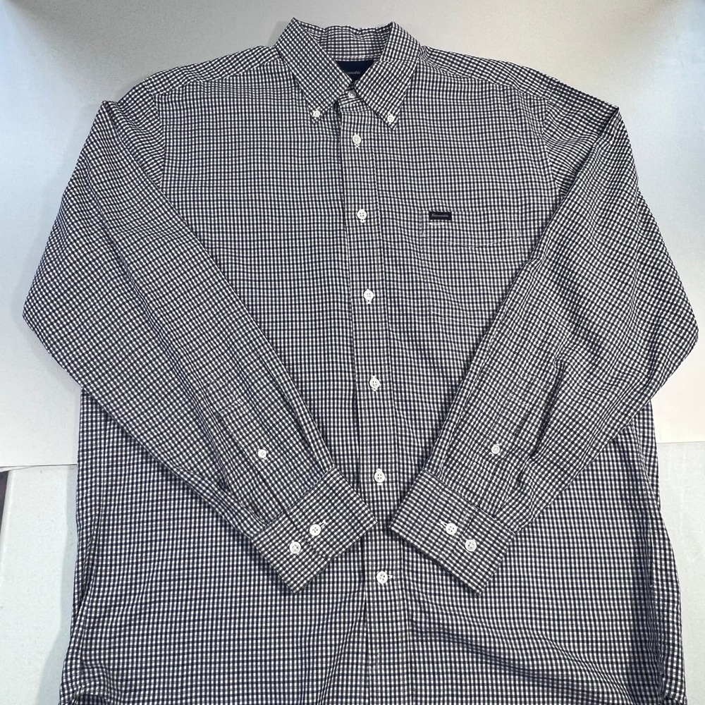 Faconnable Classique Mens L Navy Brown Gingham Check Cotton Button Down Shirt